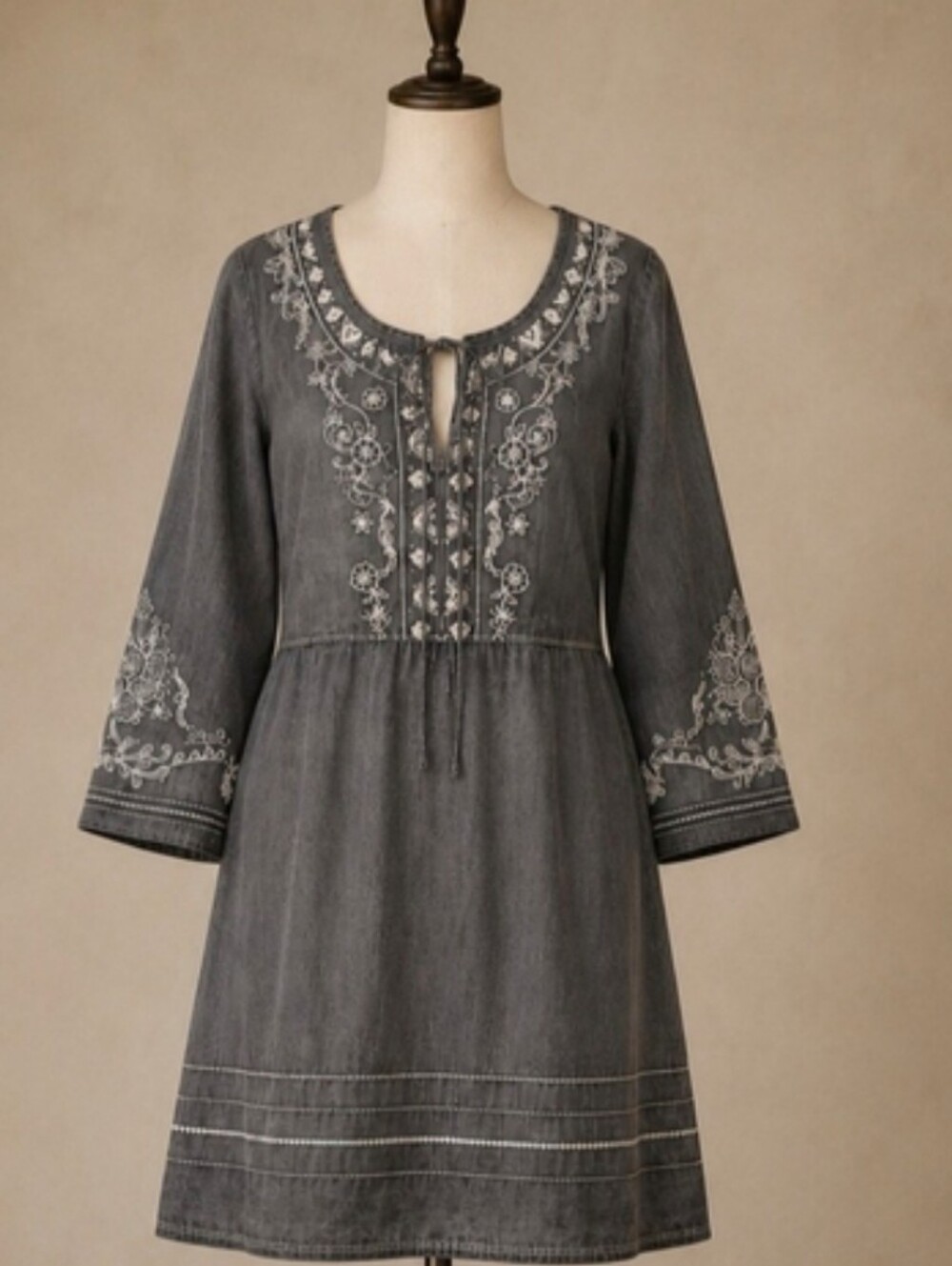 Embroidered Boho Slate Gray Peasant Dress